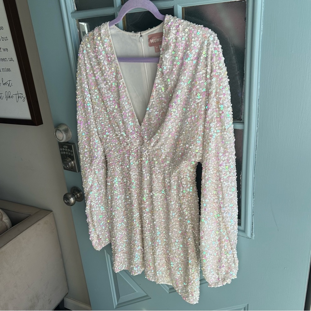 NWT Show Me Your MuMu Kidman Mini Dress Long Sleeve Iridescent Sequin White M - Picture 3 of 14